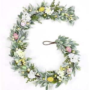 Waipfaru 2Pcs Easter Egg Garland with Lights, 6Ft Spring Garland for Mantle, Easter Table Mantel Decorations, Flower Vine with Lambs Ear for Stairs Fireplace Tree Home Decor