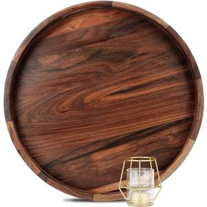 18 Inches Extra Large Round Black Walnut Wood Ottoman Tray with Handles, Serve Tea, Coffee or Breakfast in Bed, Classic Circular Wooden Decorative Serving Tray