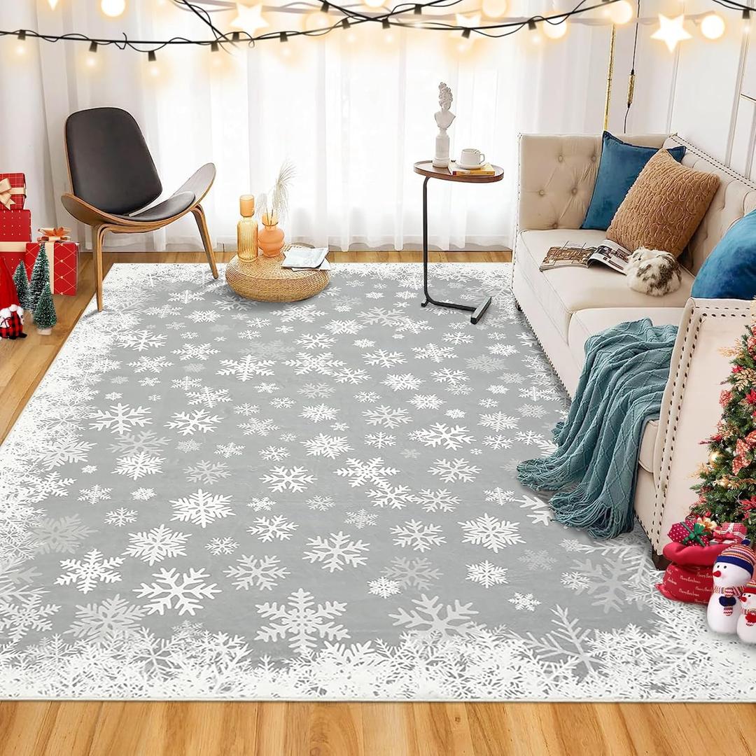 GarveeHome Christmas Rug 3x5 Machine Washable Area Rug Xmas Snowflake Decor Entryway Rugs Non Slip Low Pile Soft Rugs for Dining Room Living Room, Grey