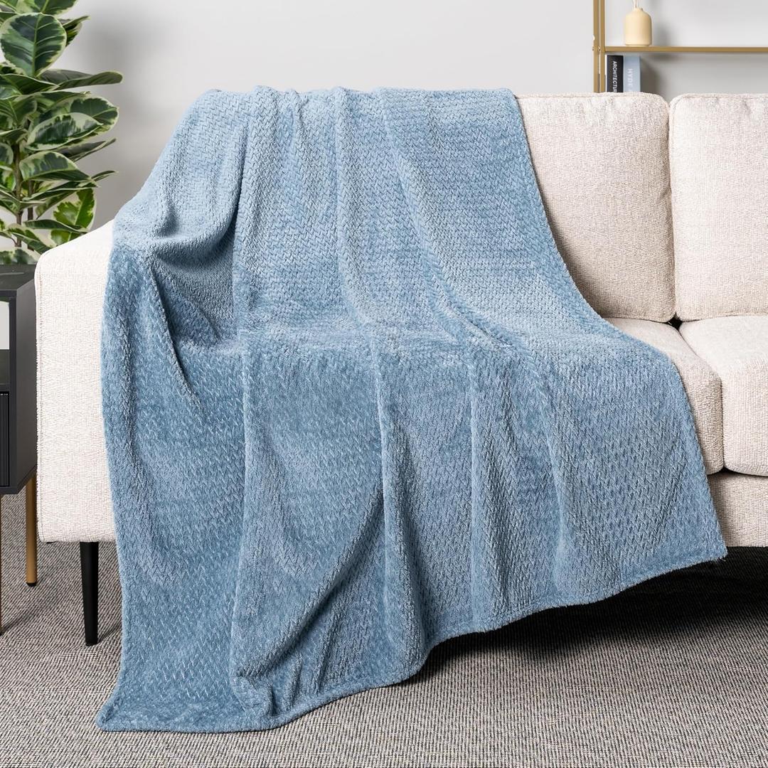 PAVILIA Soft Fleece Dusty Blue Throw Blanket for Couch, Lightweight Plush Warm Blankets for Bed, Fuzzy Cozy Flannel Blanket Throw for Sofa, Travel, Jacquard Pattern, Dusty Blue, 50 x 60 Inches - Throw