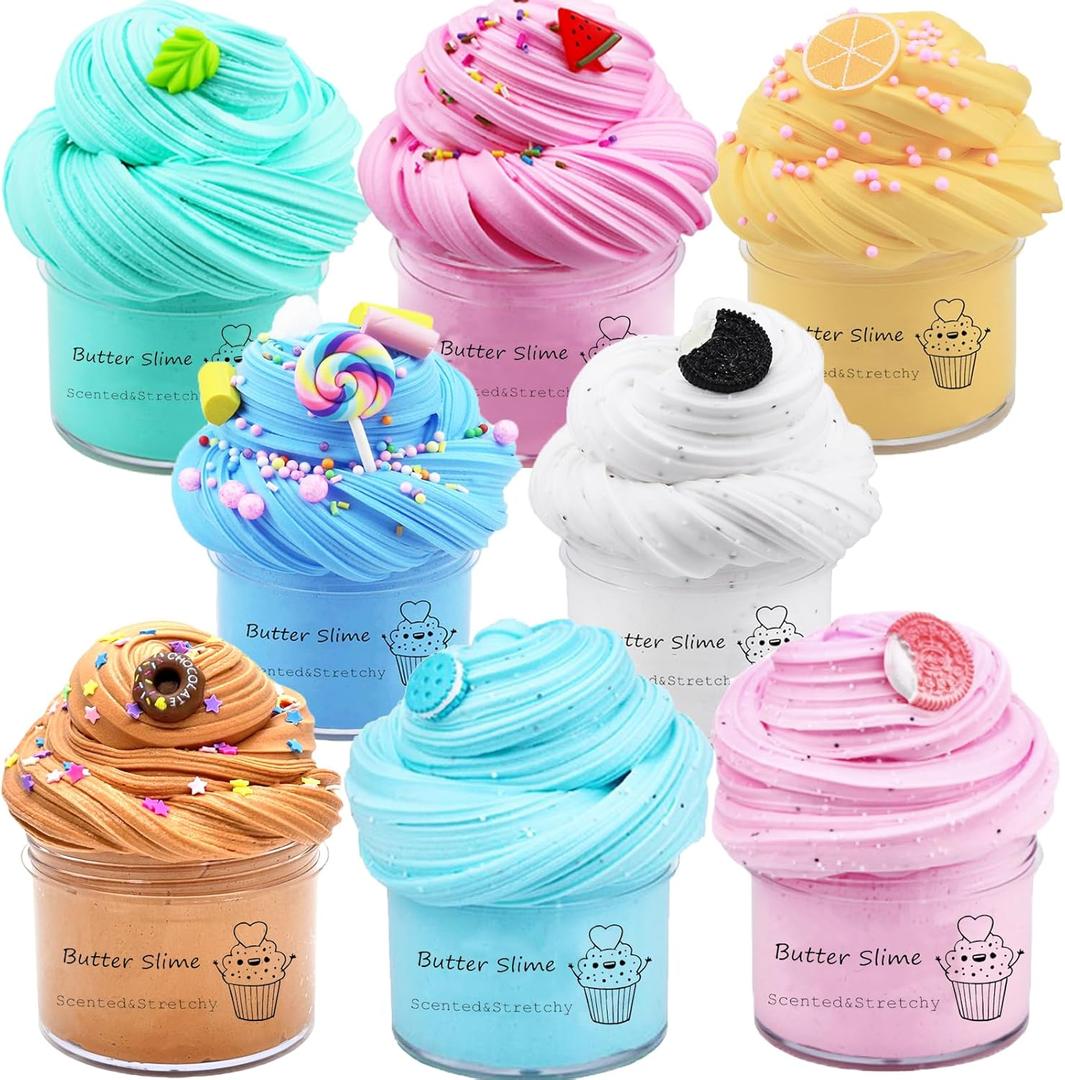 HOGFIT Butter Slime Kit for Girls 8 Pack, Party Favors with Watermelon, Coffee, Mint, Candy, and Lemon Slime, Stretchy and Non-Sticky, Stress Relief Toy for Boys, Easter Basket Stuffers