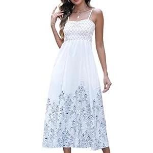 Gardenwed Women's Floral Print Maxi Dress, Spaghetti Strap Smocked Bodice A-Line Sundress with Pockets Blue M