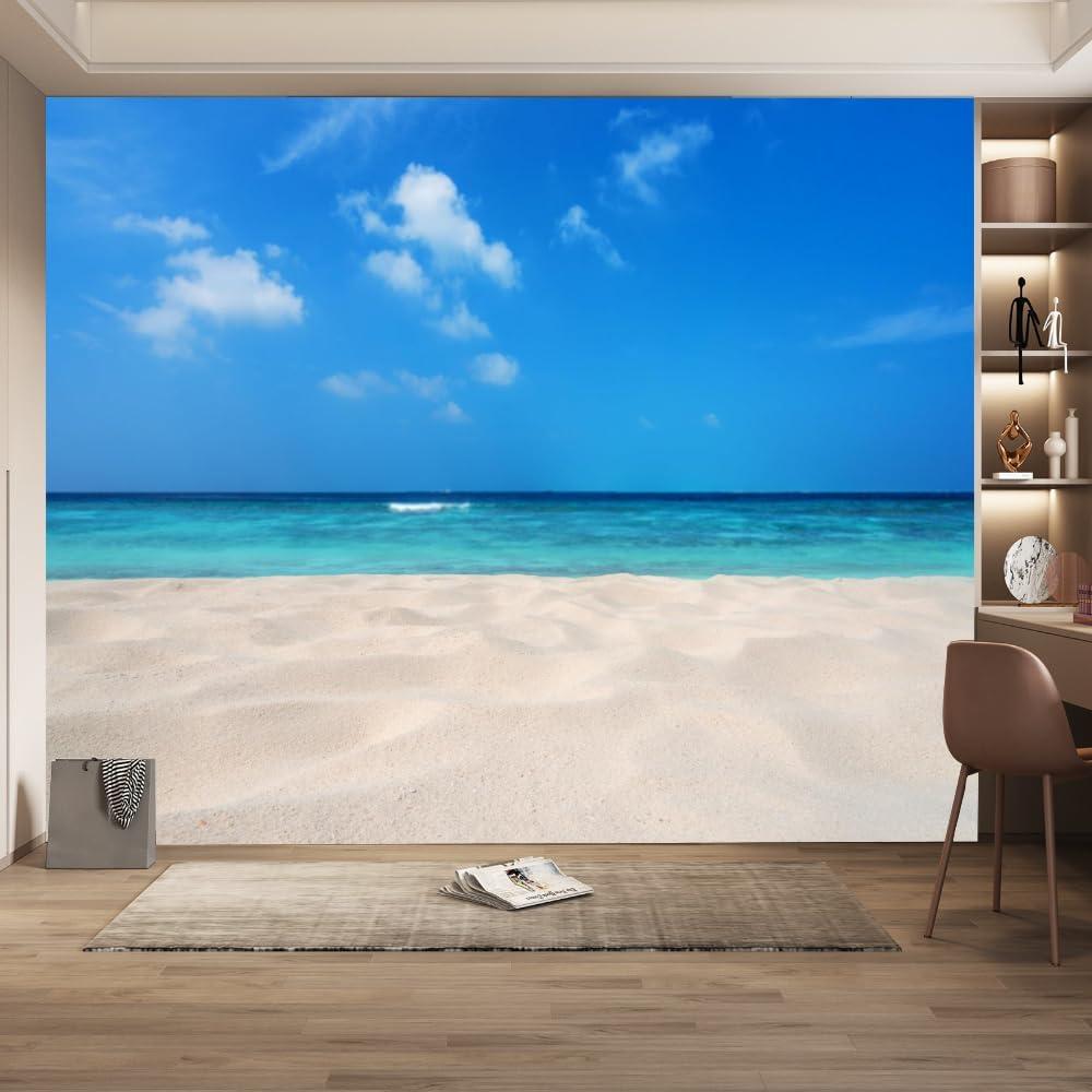 Beach Sky Wall Mural Decal, Blue Ocean Peel and Stick Self-Adhesive Wallpaper Removable Large Sticker Foil Print Picture, for Living Room Wall (No Size)
