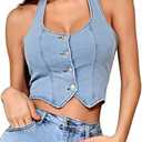 ELLEVEN Women's Denim Halter Top Jean Vest - Square Neck Button Front Slim Fit Crop Vest Western Summer Outfit, Size M