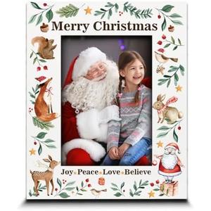BELLA BUSTA- Merry Christmas Theme Picture Frame- Joy, Peace, Love, Believe- Woodland Animal Christmas Theme-UV Print (5x7 VERTICAL)