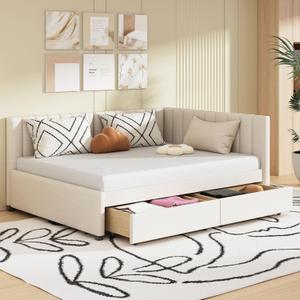 Merax Full Size Daybed Frame Wooden Corner Daybed with Drawers, Full Linen Upholstered Corner Bed Frame with Storage for Kids Bedroom Living Room, Beige