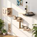 Cat Wall Shelves, Wooden Multi-Level Cat Climbing Furniture, House, Steps, Sisal Scratcher, Perches Bed & Ball, Space-Saving Wall Mounted Cats Shelves for Play & Rest (4-in-1 Cat Shelves)