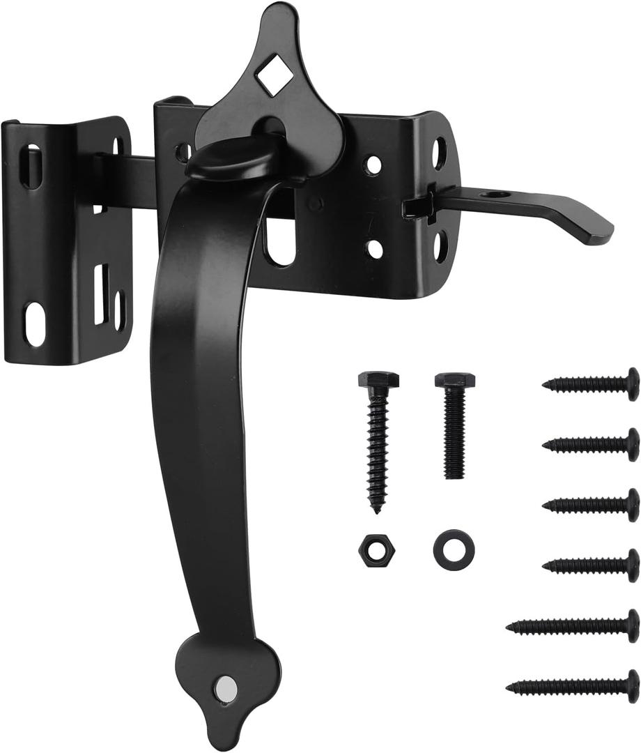 WellMade Ornamental Thumb Gate Latch Self Locking Latches and Handle Kit, Heavy Duty Door Latch Gate Lock Hardware for Wooden/ Vinyl Fence Swing Gate Outdoor Garden, Pool, Black with Screw