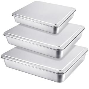 Tioncy 3 Set Stainless Steel Cake Pan with Lid 13/11/9 Inch Rectangle Sheet Baking Pan with Covers Bakeware with Lids for Cakes Breads Casseroles Fish Vegetables and More