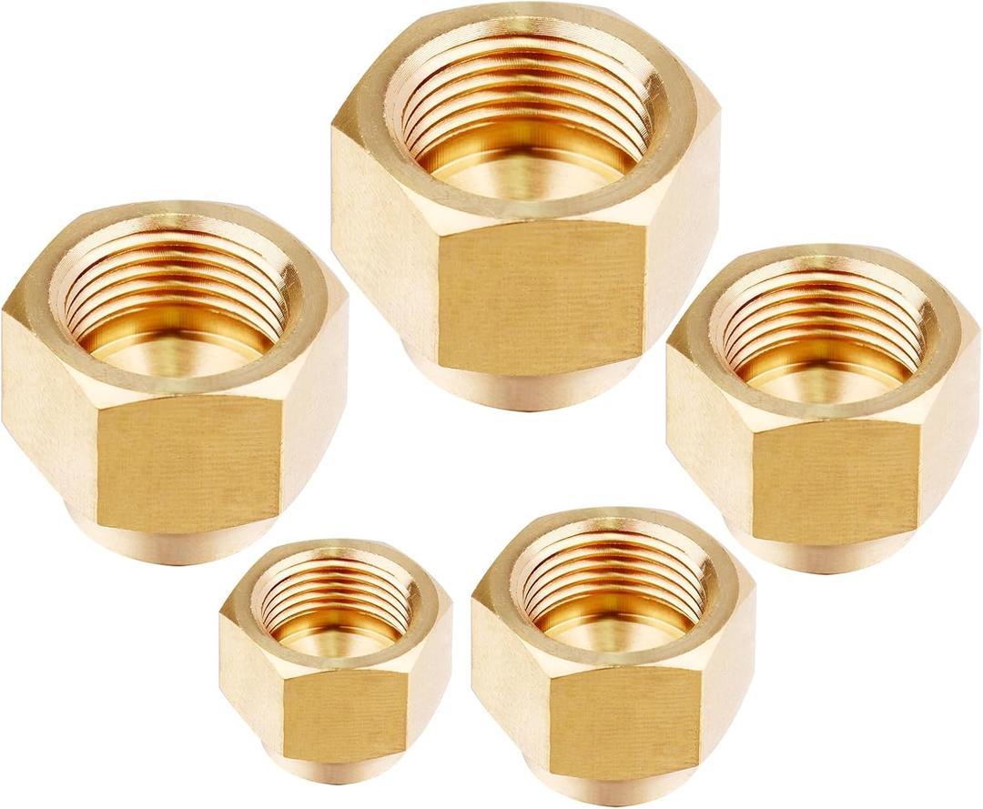 5 Pack Brass Flare Cap Compression Stop Valve Cap 45 Degree Flare Tube Gas Line Cap Pipe Fittings for 1/4" 5/16" 3/8" 1/2" 5/8" Tube OD 5 Sizes Set (kit)