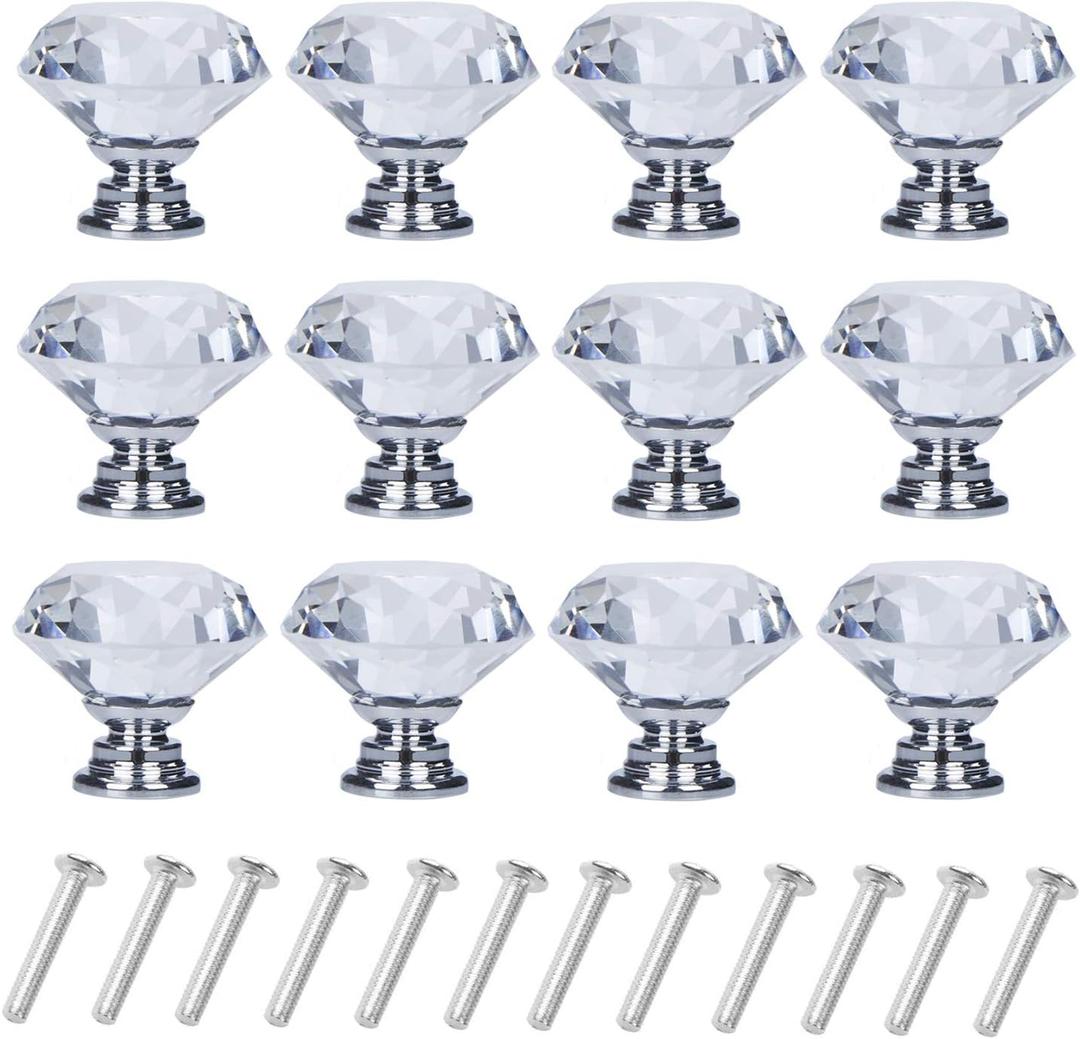 YourGift 12 Pack Drawer Knobs Diamond Shaped Crystal Glass 30mm Cabinet Knobs Pull Handles (Silver)