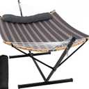 SUNCREAT Hammocks for Outside with Stand Included, Double Hammock with Curved Spreader Bar, Carrying Bag, Gray Stripes