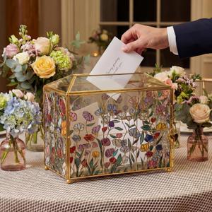 Patelai Floral Stained Glass Wedding Glass Card Box with Slot Wedding Envelope Holder for Reception, Gold Clear Card Box with Lock Decorative Baby Shower Birthday Party Bridal Shower (10.43 x 5.9 x 8.46 Inches)