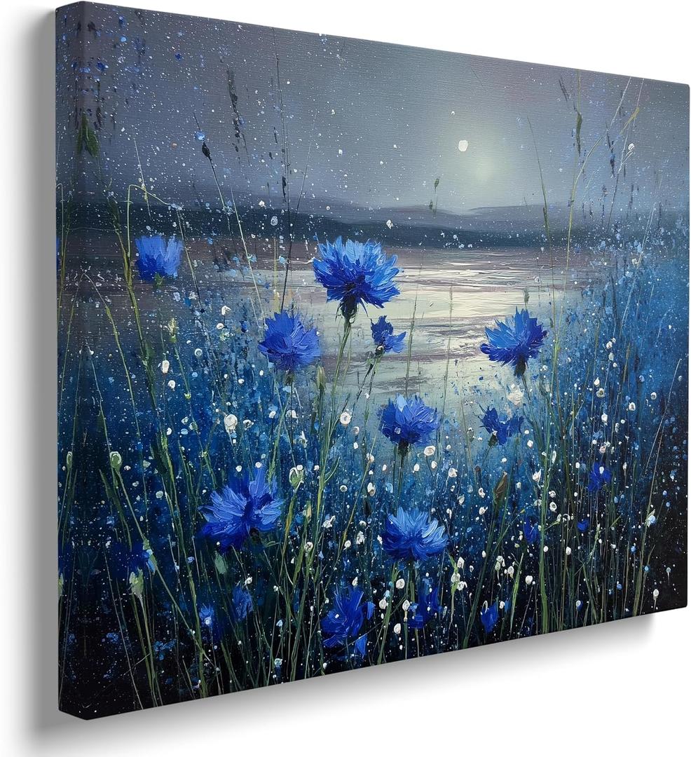 Vibrant Blue Cornflowers Moonlit Lake Landscape Canvas Wall Art - Contemporary Nature Home Decor for Living Room & Bedroom Office - HD Waterproof Stretched Framed Art Print Ready to Hang 16x24 Inches