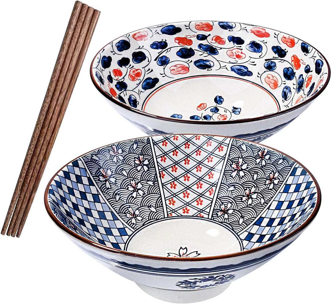 Japanese Porcelain Ramen Bowl and Chopstick Set of 2 Large Ceramic Instant Noodle Bowls for Pho Lamian Noodles