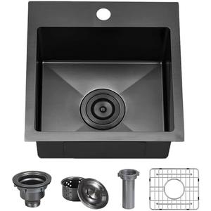 Hotis Black Drop In Bar Sink, 15x15 Small Kitchen Sink Single Bowl, Stainless Steel Black Sinks for Outdoor Wet Bar Prep RV Yard Office Laundry Utility with Strainer Drain and Bottom Grid
