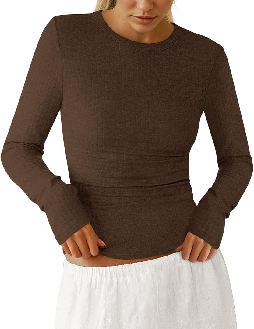 PRETTYGARDEN Womens Long Sleeve Shirts 2026 Ribbed Knit Slim Fitted Basic Tee Casual Going Out Tops Underscrubs Fall Clothing (Brown, M)
