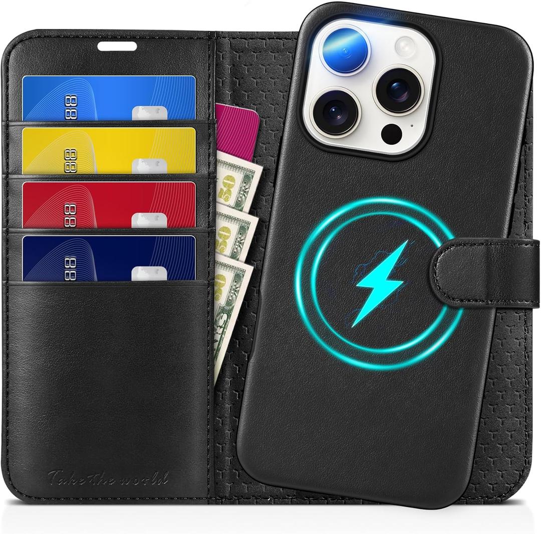 TUCCH Wallet Case for iPhone 16 Pro, Removable 2 in 1 RFID Blocking [4 Card Slots] [Wireless Charging] Kickstand PU Leather Magnetic Detachable Protective Cover Compatible with iPhone 16 Pro, Black