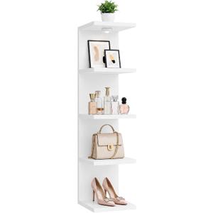 5-Tier Floating Shelf with LED Lights, Narrow Vertical Storage Unit for Small Spaces, Freestanding Bookshelf for Bedroom, Wall Mount Display Rack for CDs Perfumes,White, 42.5"H