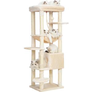 Heybly Cat Tree for Large Cats 20lbs Heavy Duty,60 inches XXL Cat Tower for Indoor Cats, Multi-Level Furniture Condo with Big Padded Plush Perch, Cozy Basket, Beige HCT050M
