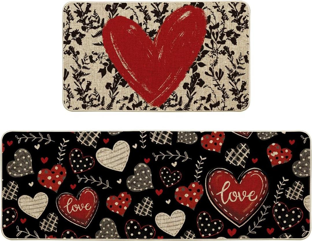 Artoid Mode Classic Button Heart Valentines Kitchen Mats Set of 2, Low-Profile Home Decor Kitchen Rugs for Floor - 17x29 and 17x47 Inch