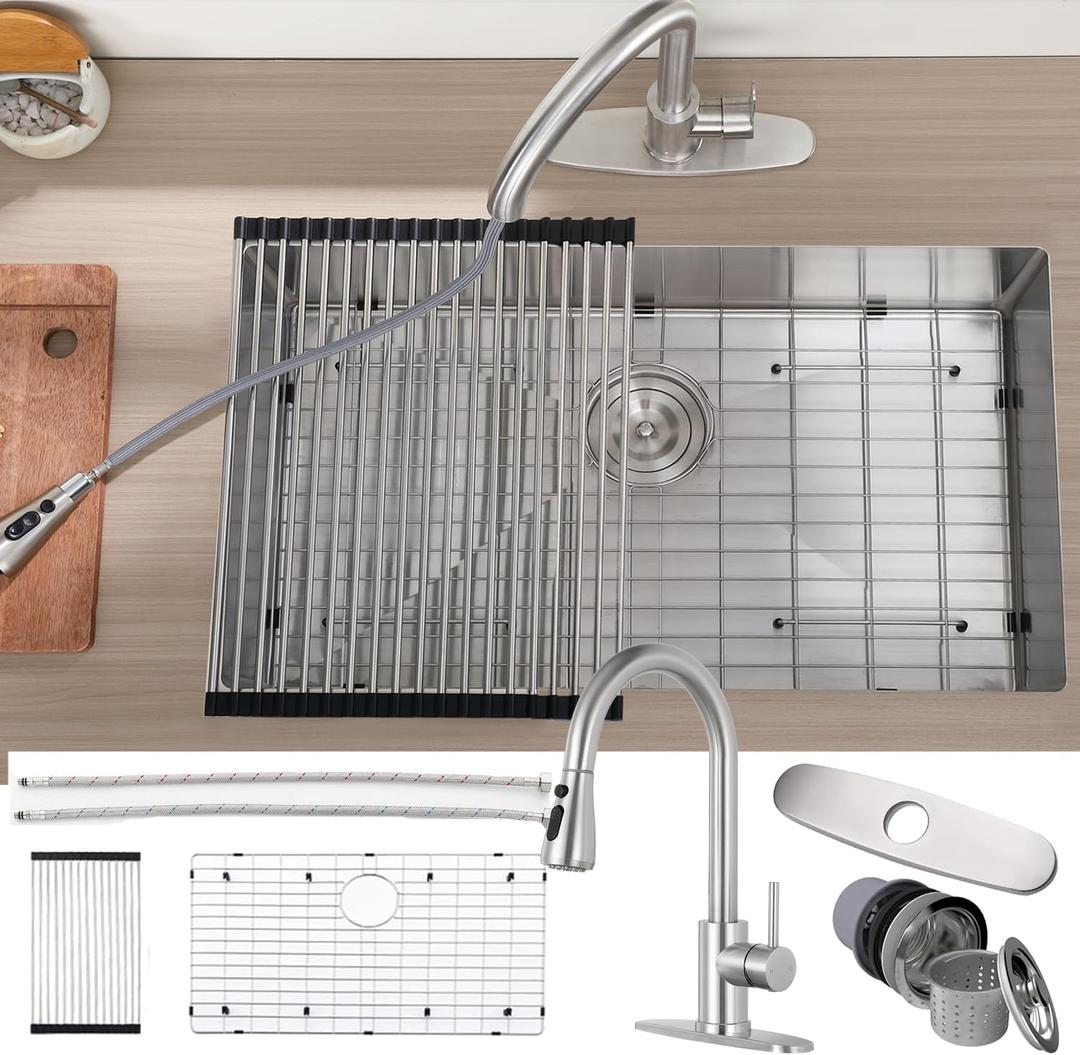 16 Gauge Stainless Steel Kitchen Sink Single Bowl Sink with Kitchen Faucet, Roll Up Rack and Bottom Dish Grip Support Top or Under Mount Install Sink for Kitchen (30"x18")