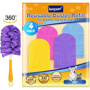KEEPOW Reusable Duster Refill Compatible with Swiffer Hand Duster, Heavy Duty Duster Refills, 360 Degree Dusters Refills for Cleaning, Fleece Refill Ceiling Fan, 4 Pack (Handle is Not Included) (1yellow+1blue+1purple+1rose Red)
