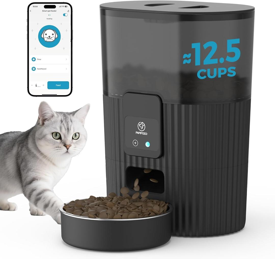 PAPIFEED Automatic Cat Feeder 3.5L/15 Cup 2.4G WiFi Pet Feeder for Dog Compatible with Alexa & Echo Timed Cat Food Dispenser for Remote Feeding with Stainless Steel Bowl