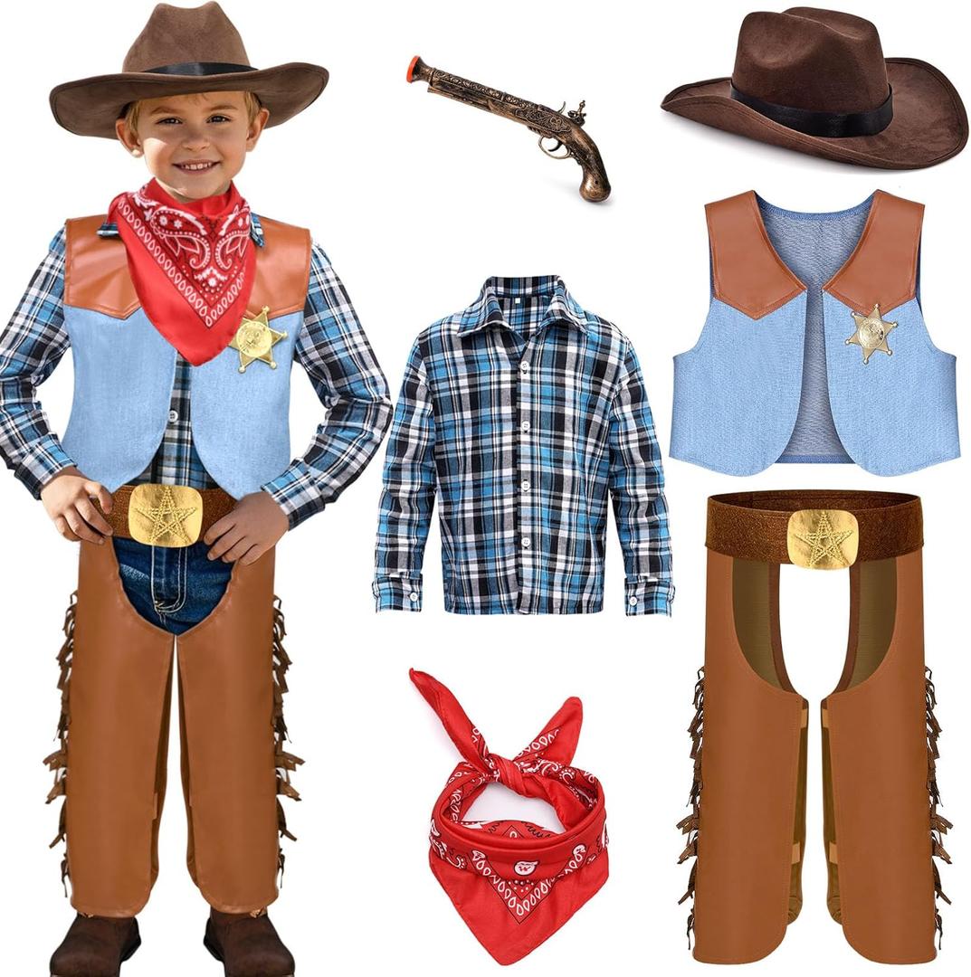 G.C 6 PCS Boys Cowboy Costume Kids Dress Up Outfits Toddler Cowboy Hat Vest Halloween Cosplay Role Play Party Birthday Gifts (1205-7 Years)
