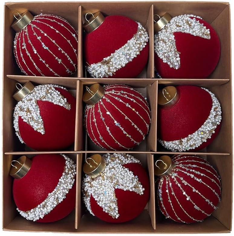 3 x 3.15inch Burgundy Velvet Christmas Ornaments Balls Flocked Christmas Tree Glittering Plastic Balls Xmas Hanging Ornaments 9 Pcs-Red