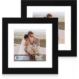 Hongkee 8x8 Picture Frame Set of 2, Made of Real Glass and Black Wooden Frame - Display Square 6x6 with Mat or 8x8 Without Mat, 8 by 8 Photo for Wall or Tabletop
