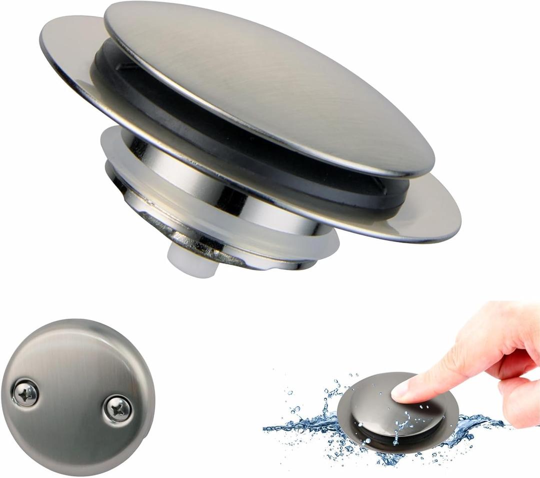 Brushed Bathtub Stopper Tub Drain,Welsan Universal Pop Up Tub Drain Stopper Replacement Tip Toe, Lift and Turn with 2-Hole Overflow Face Plate Cover and EZ Bath Tub Plug (Brushed Nickel)