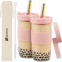 Reusable Glass Mason Jars Cups with Lids and Straws Silicone Sleeves, 2 Pack 24Oz Wide Mouth Smoothie Cups Glass Bubble Tea Cup Leakproof drinking glasses Travel Tumbler for Large Pearl Birthday Gifts