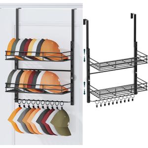 Consumest Over Door Hat Organizer - 3 Tier Wall Mounted Hat Rack with 2 Adjustable Metal Basket and 10 Movable Clips, Baseball Cap Organizer Storage up to 30 Caps for Door, Bedroom, Closet (Black)