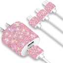 Bling USB Wall Charger with Charging Cable,Fast Block for iPhone Android,3 in 1 Multi Cable Micro USB Type C Multiple USB Cord with Crystal Decor,Cell Phone Accessories for Women,Girls (Pink)