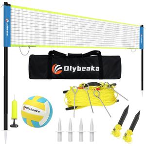 32ft Regulation Size Portable Outdoor Volleyball Net Set System for Backyard Beach with Height Adjustable Poles, PU Volleyball and Pump, Carry Bag, Boundary Line - Easy Set Up & Anti-Sagging (Blue)