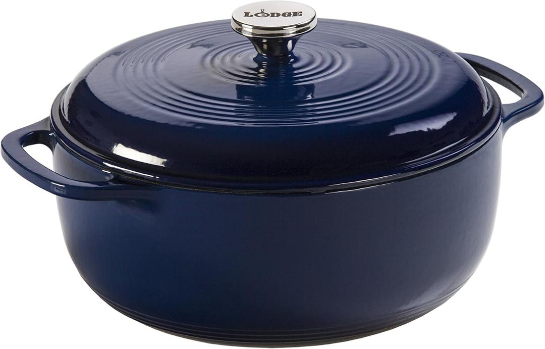 Lodge 6 Quart Enameled Cast Iron Dutch Oven with Lid  Dual Handles  Oven Safe up to 500 F or on Stovetop - Use to Marinate, Cook, Bake, Refrigerate and Serve  Indigo (Indigo)