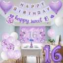 Sweet 16 Birthday Party Decorations for Girls - Purple 16th Happy Birthday Banner Heart Balloons Number 16, Photo Backdrop Crown Sash Party Supplies for Sixteen Years Old