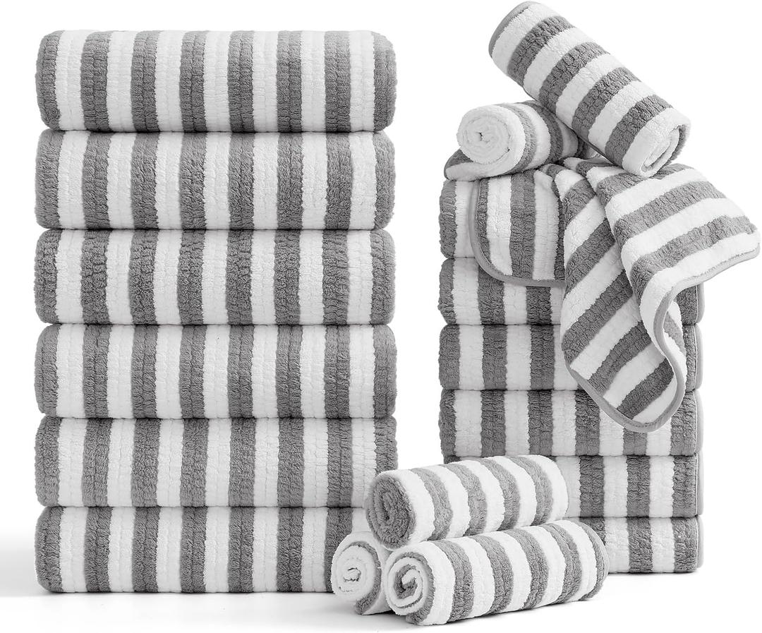 Smuge 17 Pcs Bath Towel Set, Include 6 Bath Towel Sheets, 6 Hand Towels and 6 Washcloths - Highly Absorbent Quick Dry Microfiber,Ultra Soft Bathroom Towel Set with Hanging Loop - Light Gray