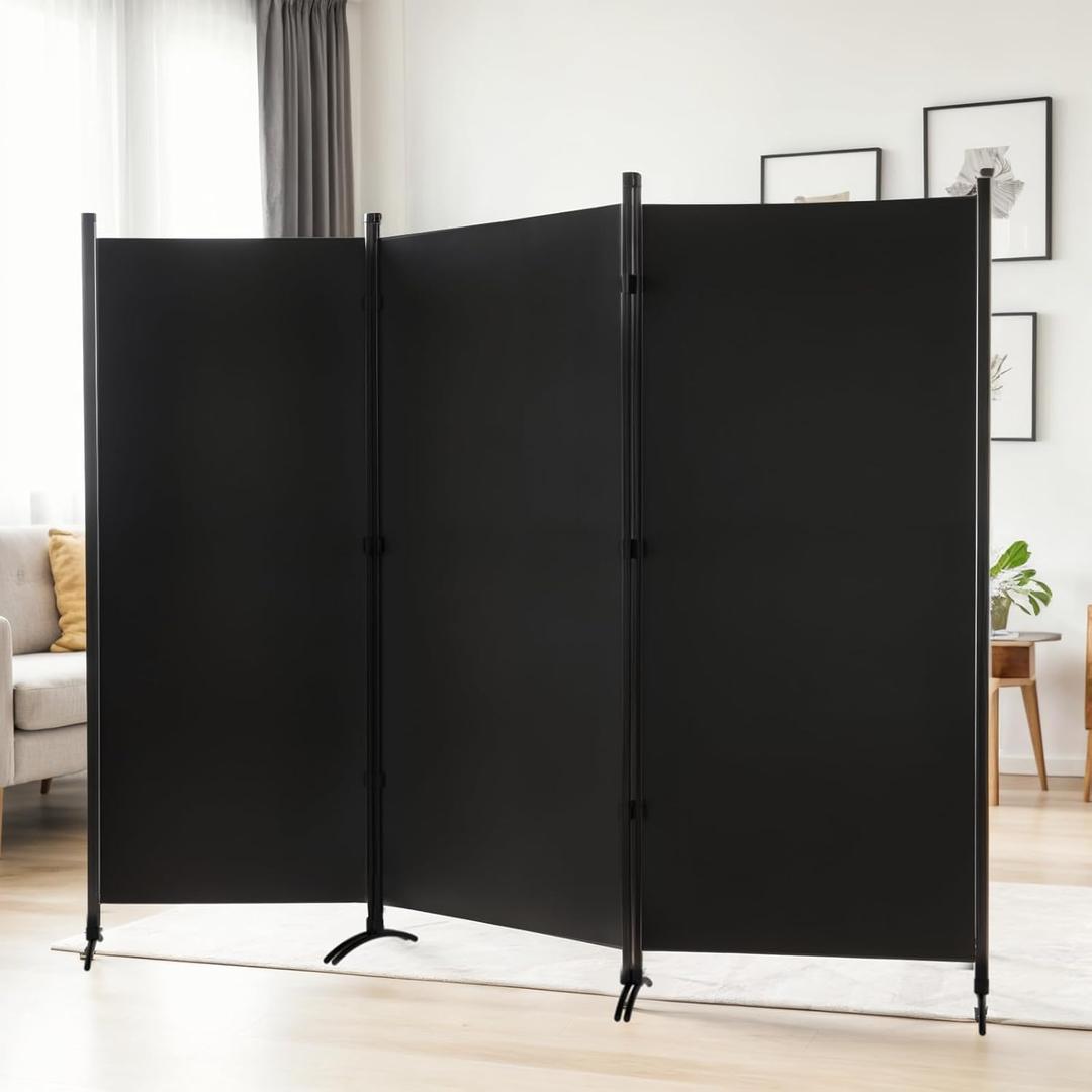 Room Divider 3-Panel Privacy Screen, Portable Screen Steel Frame with Hook&Loop for Home, Office, Classroom, Studio, Meeting (Black)