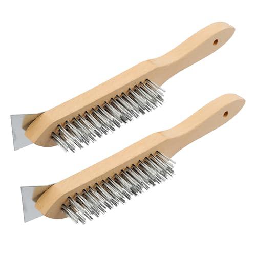 MAXMAN Stainless Steel Wire Scratch Brush, 12 Inch Wooden Handle Wire Brush with Metal Scraper, Heavy Duty Wire Brushes for Cleaning Rust, Paint Scrubbing, Dust and Other Hard Surfaces 2 Pieces