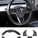 Tesla Model 3/Y Steering Wheel Cover, Carbon Fiber Steering Wheel Wrap Stickers for Tesla Model 3 Model Y 2017-2021 2022 2023 2024 Interior Accessories, Black
