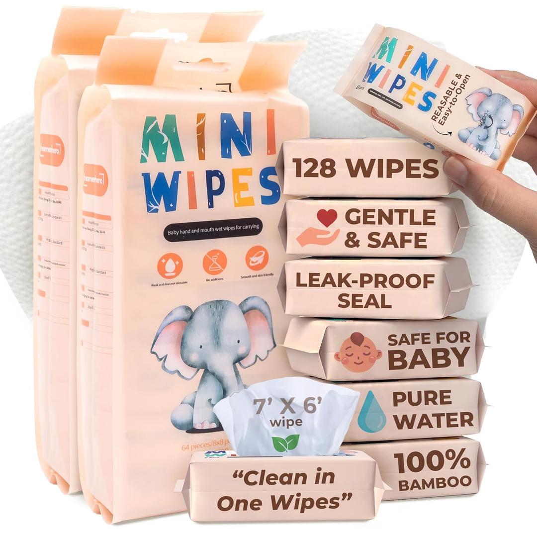 Travel Baby Wipes - Moist Up To 30 Days 16 Resealable Packs of 128, 100% Bamboo, Hypoallergenic, Fragrance & Alcohol-Free, Unscented, Wet Wipes Travel for Sensitive Skin (Sunset Elephant)