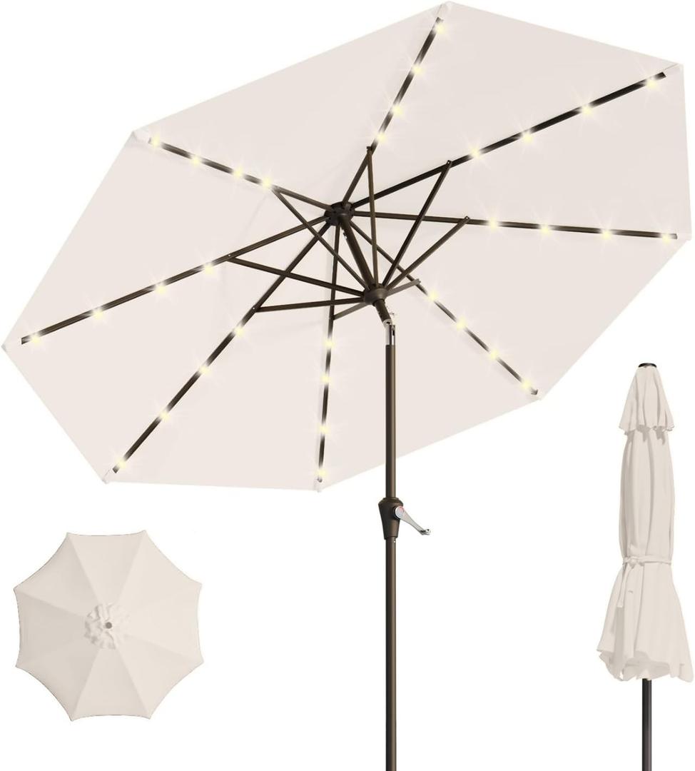 9FT Solar Umbrella 32 LED Lighted Patio Umbrella Table Market Umbrella w/Tilt and Crank, UV-Resistant Outdoor Umbrella for Pool, Garden, Deck, Creamy White