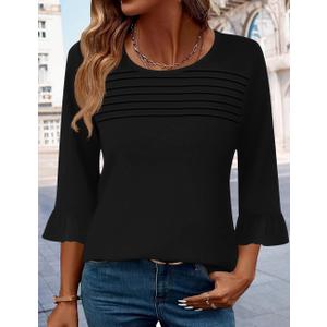 Women's 3/4 Length Sleeve Shirt Ladies Tops and Blouses Round Neck Casual Shirts Dressy Blouses Plus Size Summer Tshirts (Black, M)