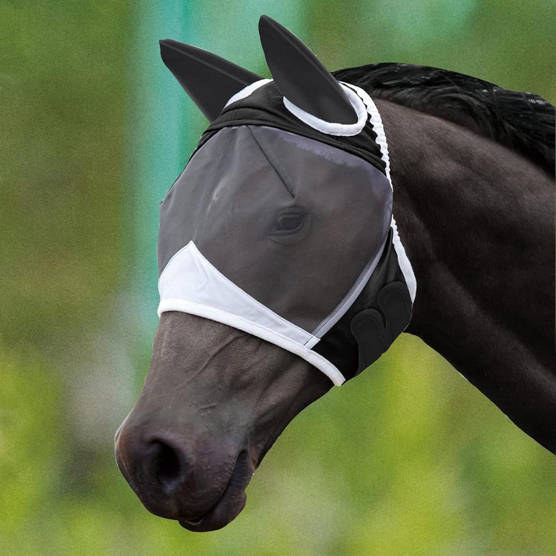 Fly Mask with Ears for Horses Soft Stretchy Mesh Horse Face Cover, Breathable Eye Protection Fly Masks UV Protective Horse Supplies (Black, L)