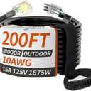 200ft 10 Gauge Outdoor Extension Cord Waterproof with Lighted Indicator,10 AWG SJTW Heavy Duty 15Amp 1875W,3 Prong Cords Flexible Copper Black ETL Listed