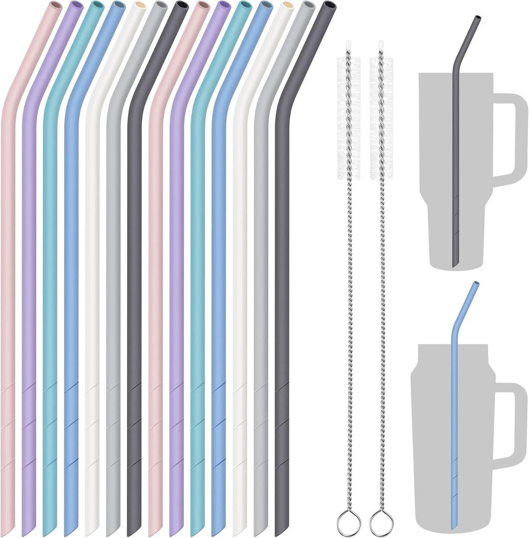NiHome 14PCS Silicone Straws for Stanley 40oz 30oz Tumbler, 14 Extra Long Reusable Drinking Straw, Flexible Can Cut Length for 1/Half Gallon 75 64 OZ Large Water Bottle - 2 Cleaning Brushes (Macaron)