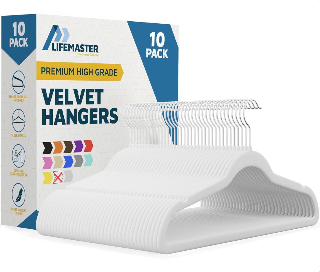 Lifemaster Velvet Clothes Hanger  with 360 Degree Swivel Hook and Non-Slip Shoulder Notch, Holds Up to 10 lbs, Heavy Duty Hanger Set, for Organizing Suit, Dress, Coat, and Clothes, Pack of 10, White