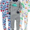 Simple Joys by Carter's baby-boys 3-pack Snug Fit Footed Cotton Pajamas (Blue Firetruck/Grey Stripe/White Dinosaur)